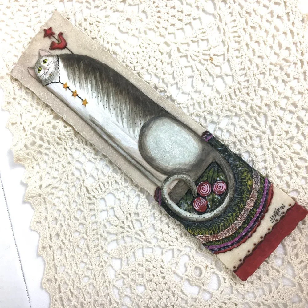 * Vintage E. Smithson 3D Wall Plaque Panel Whimsical Folk Art grey tabby 3